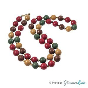 Vintage Multicolor Resin Bead Necklace Long Earth Tone Beads Gold Tone Spacers